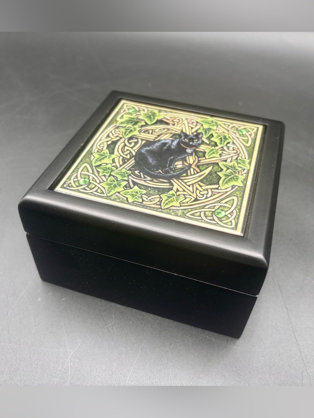 Lisa Parker "Pentagram Cat" Wood & Ceramic Tile Trinket Box - Pacific 9813